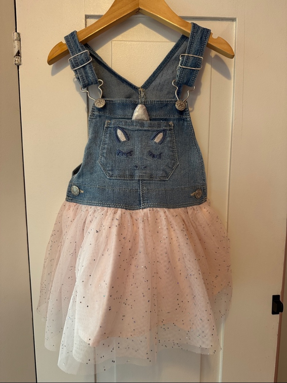 OshKosh B'gosh Girls Denim Unicorn Tulle Tutu‎ Jumper Dress Blue Pink Sparkle